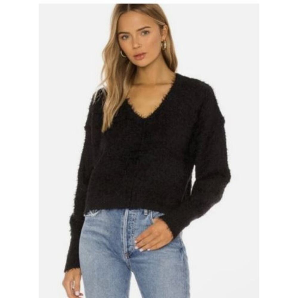 Free People Womens Size Medium Eyelash Deep V Neck Sweater Black Nylon Pullover